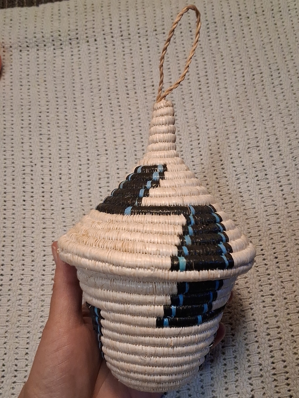 Handwoven Cream and Black Decorative Lidded Basket with Blue Accents